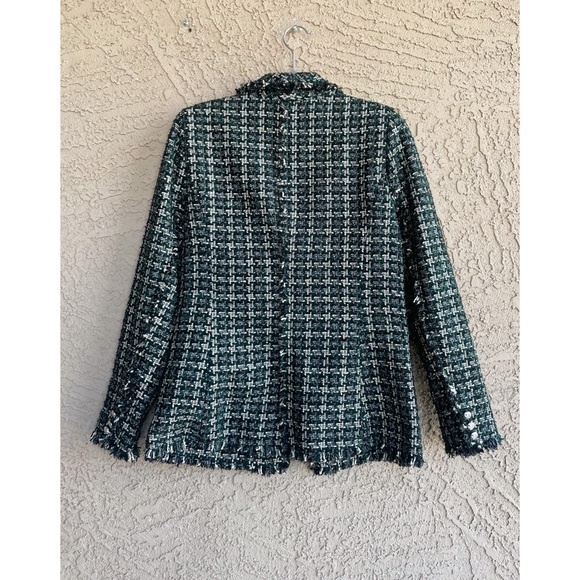 RACHEL ZOE Green & Black Textured Boucle Tweed Fringe Blazer Suit Jacket M - Picture 12 of 15